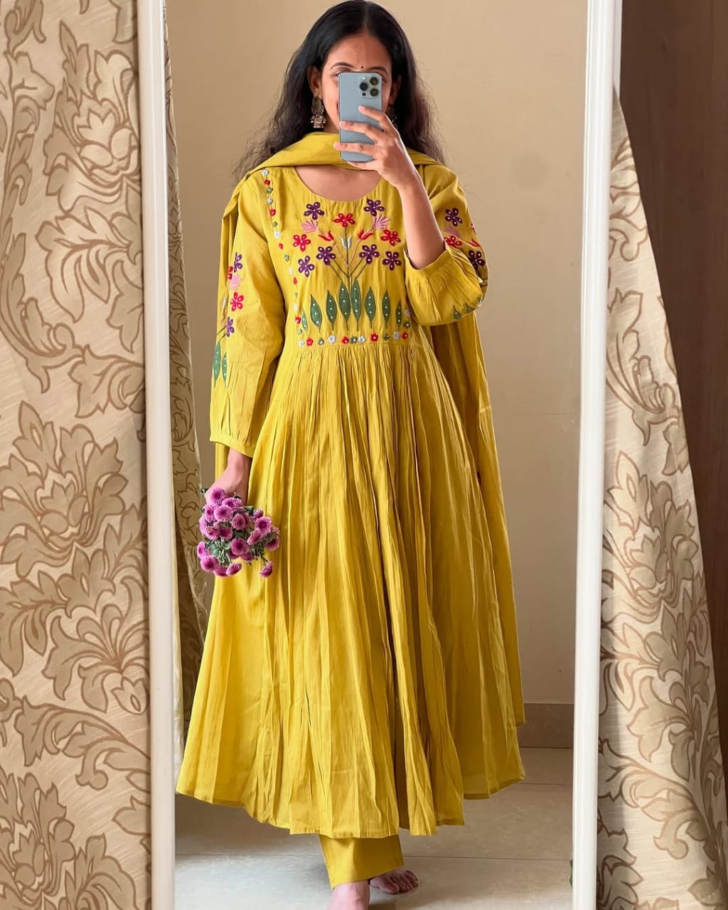 Yellow Embroidered Cotton Anarkali 3pc Set