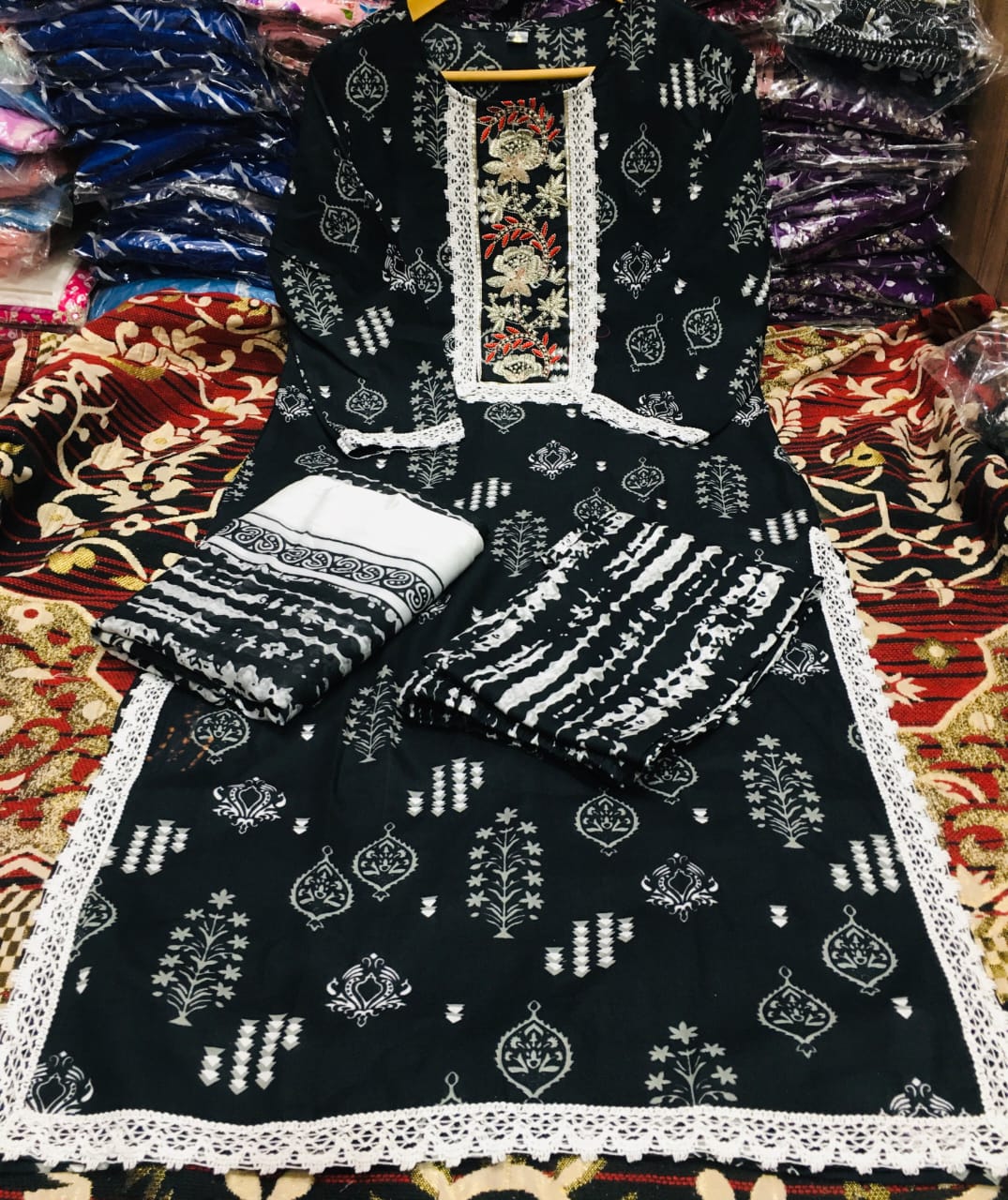 Black printed Rayon 3pc Kurta Set