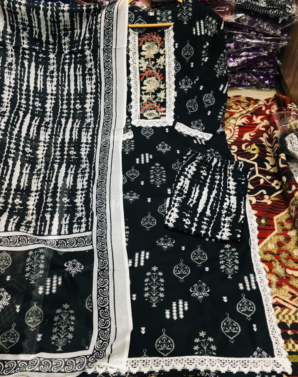 Black printed Rayon 3pc Kurta Set