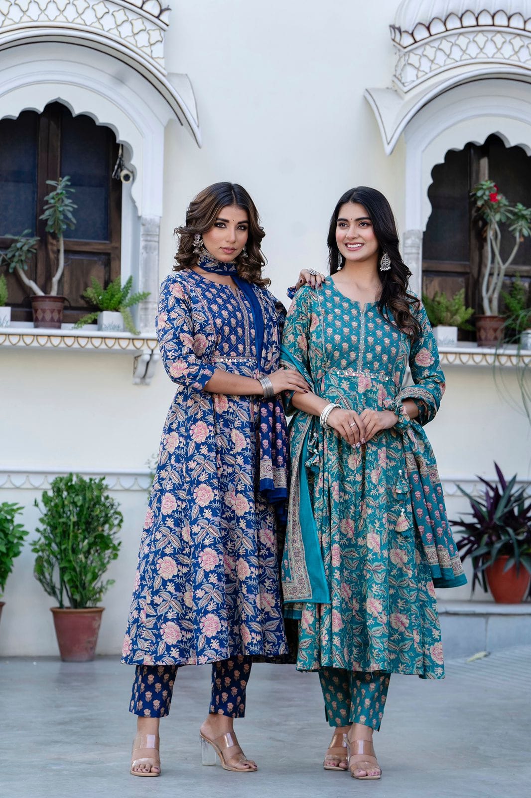 Rama Green Cotton Embroidered Anarkali Set