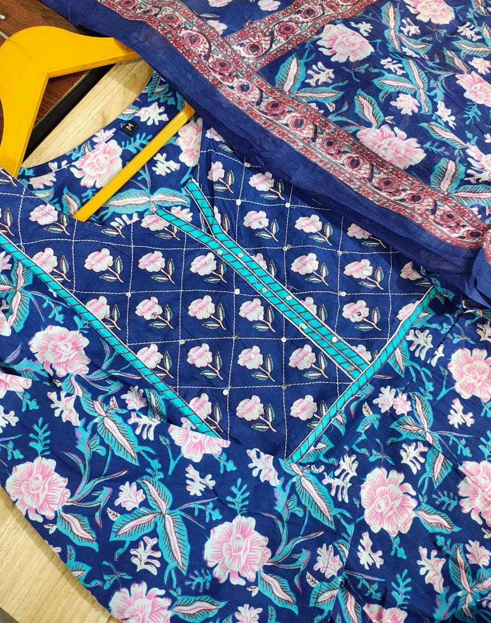 Blue Cotton Embroidered Anarkali Set