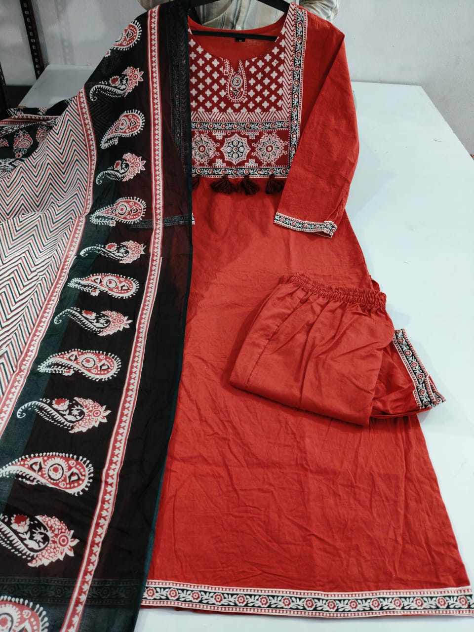 Women’s Red Cotton Kurta Set with Dupatta