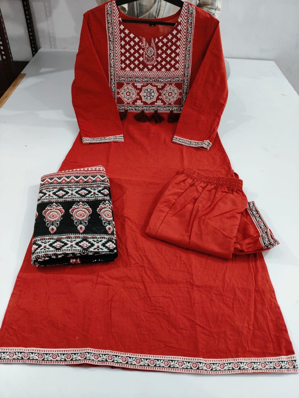 Women’s Red Cotton Kurta Set with Dupatta
