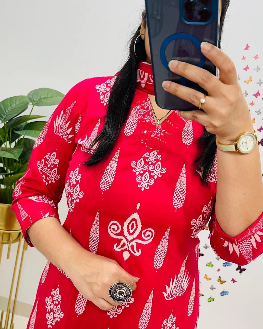 Red Embroidered Cotton 3pc Kurta Set