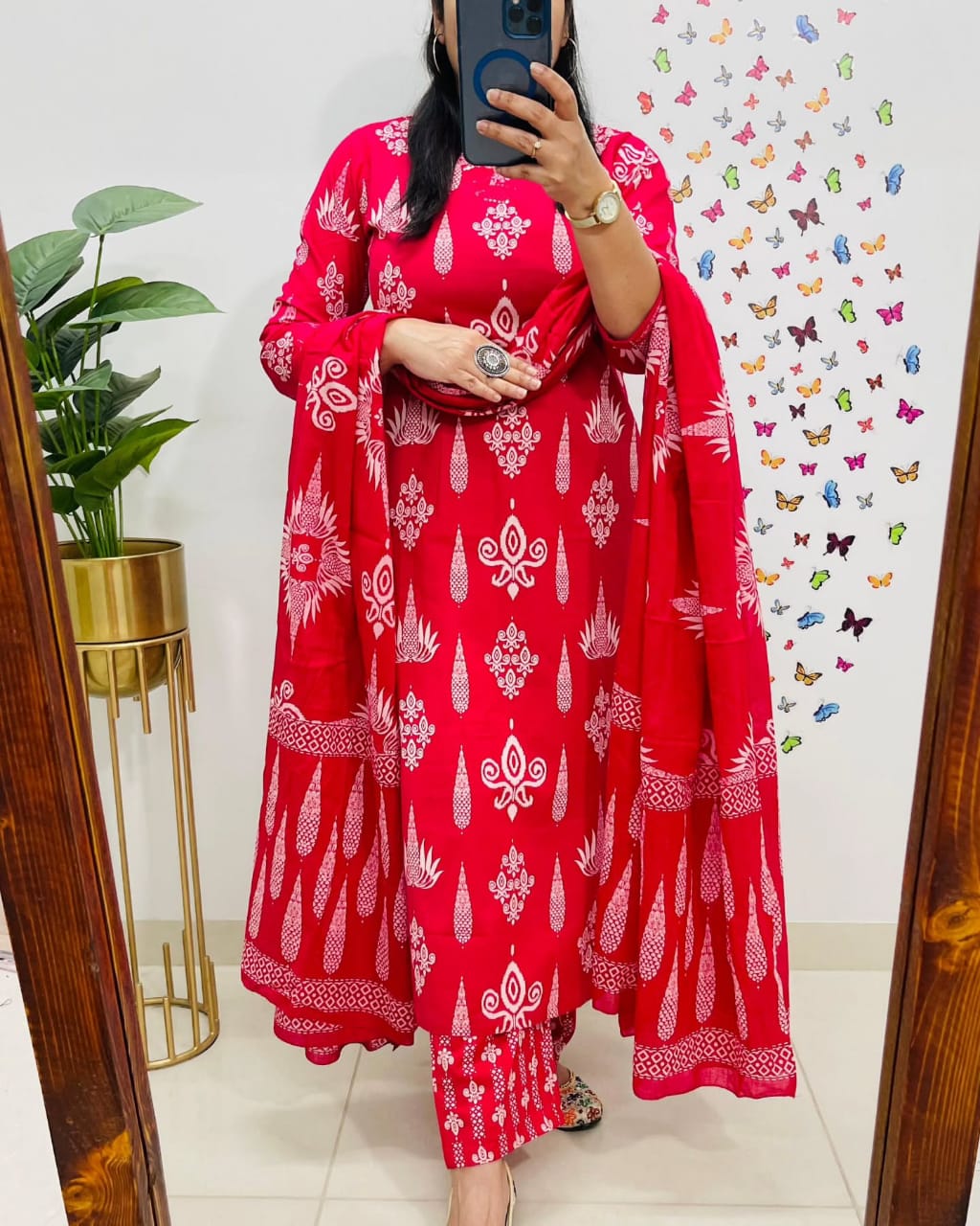 Red Embroidered Cotton 3pc Kurta Set