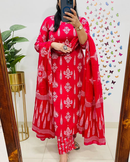 Red Embroidered Cotton 3pc Kurta Set