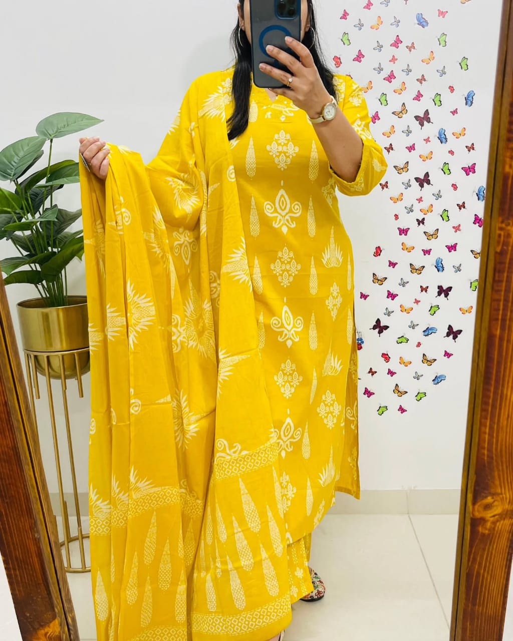 Yellow Embroidered Cotton 3pc Kurta Set