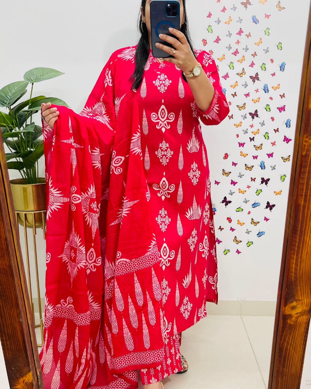 Red Embroidered Cotton 3pc Kurta Set