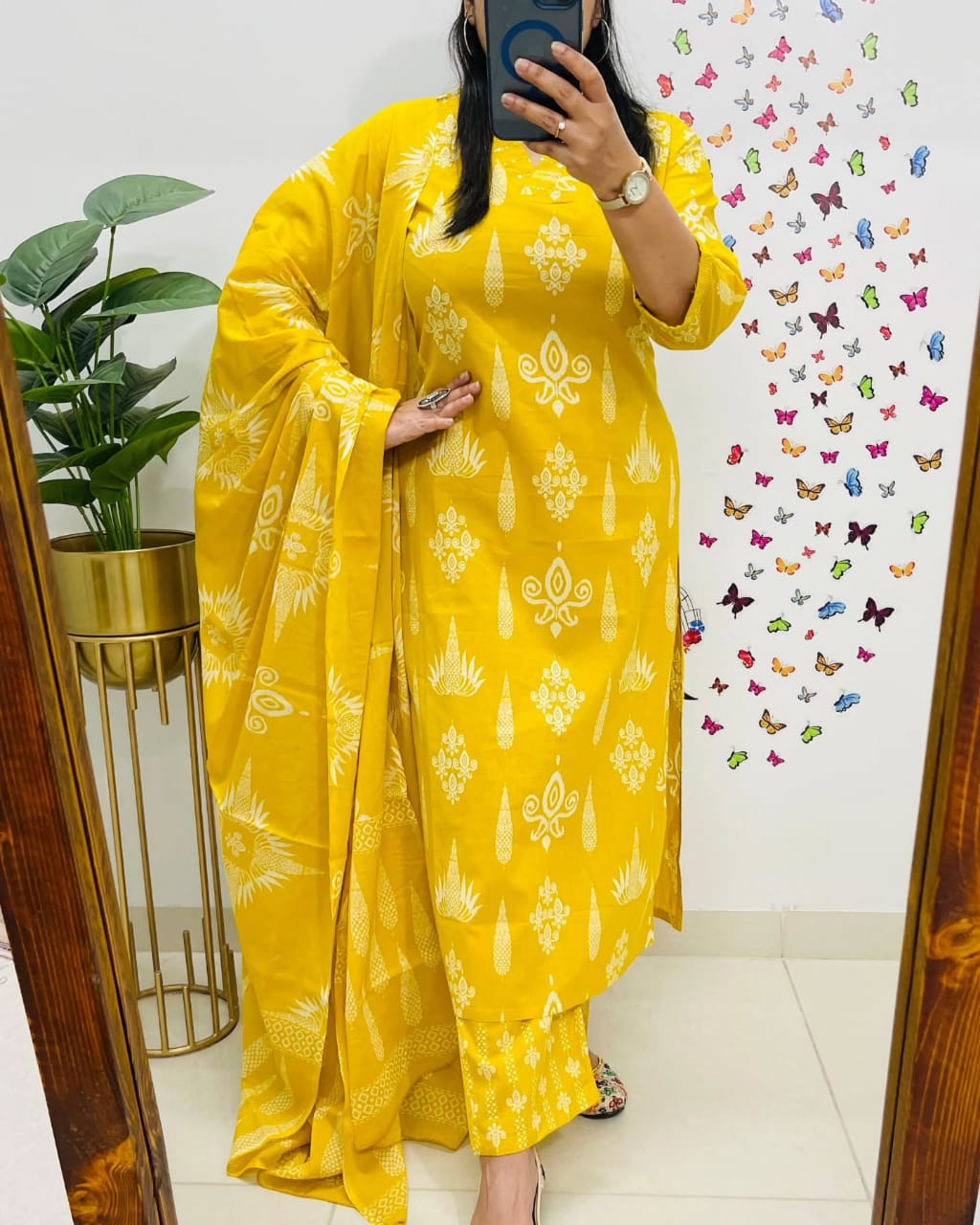 Yellow Embroidered Cotton 3pc Kurta Set