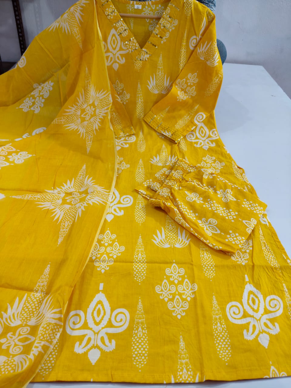 Yellow Embroidered Cotton 3pc Kurta Set