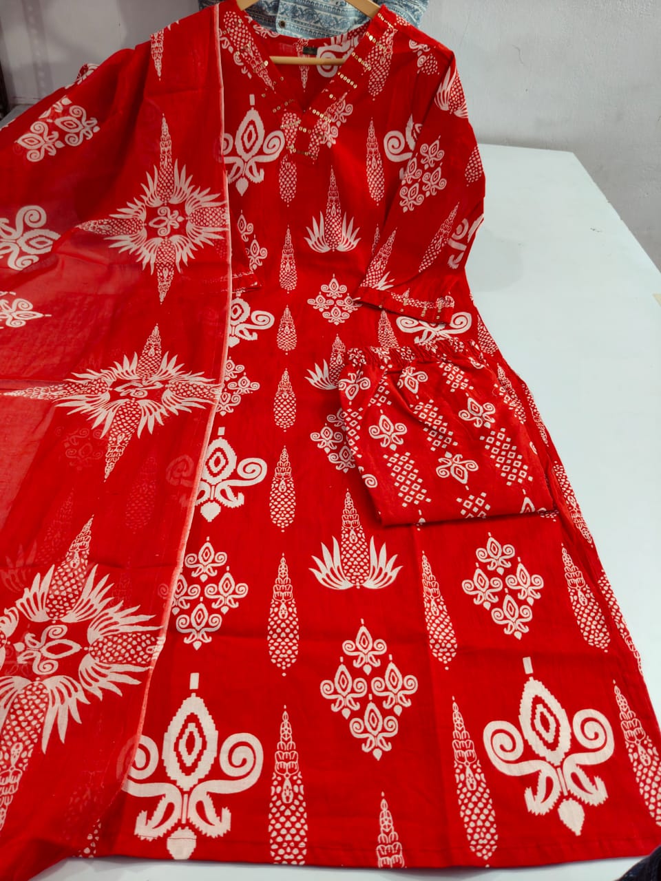 Red Embroidered Cotton 3pc Kurta Set