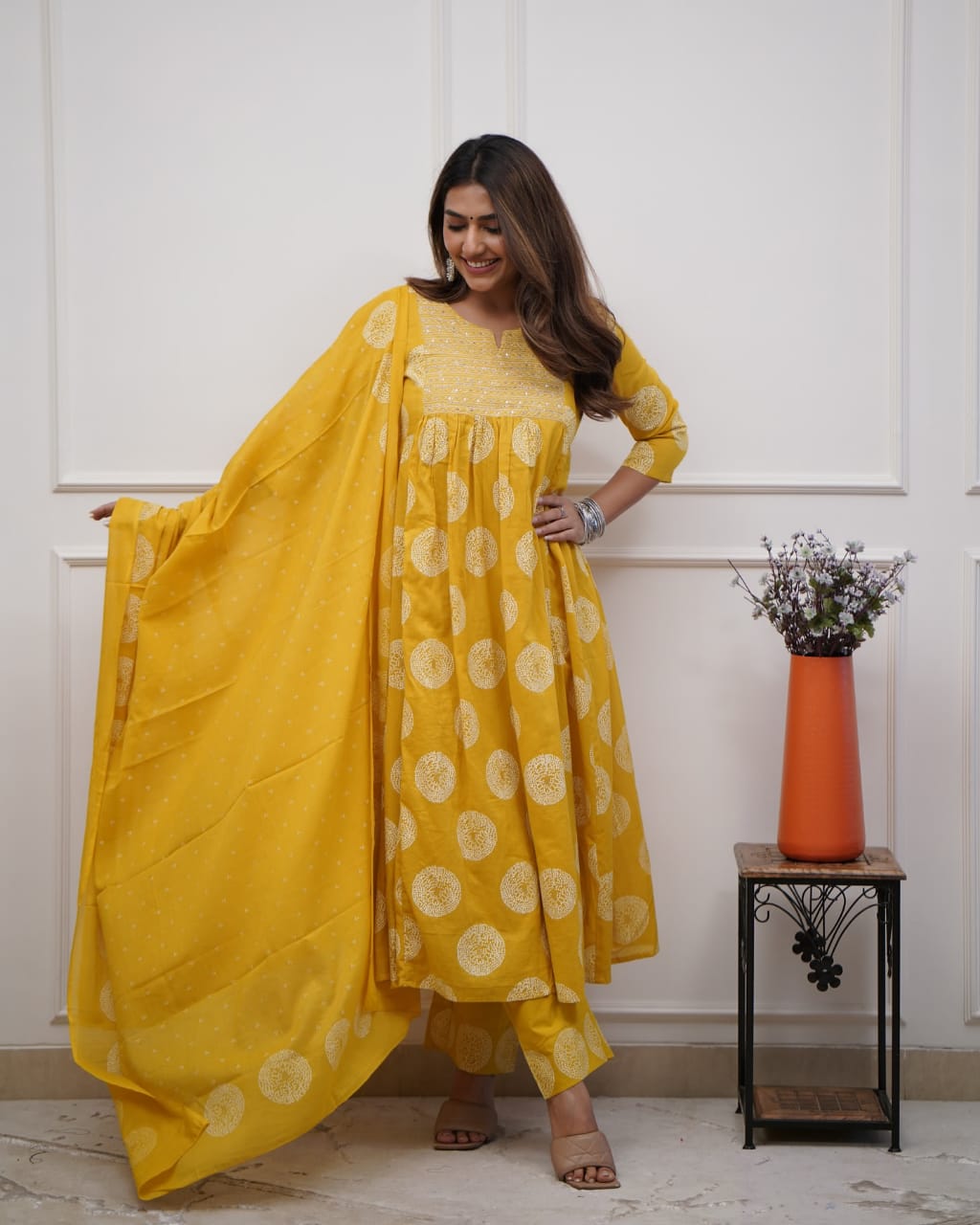 Hand Embroidered Mustard Cotton 3pc Kurta Set