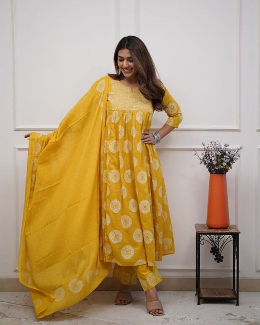 Hand Embroidered Mustard Cotton 3pc Kurta Set