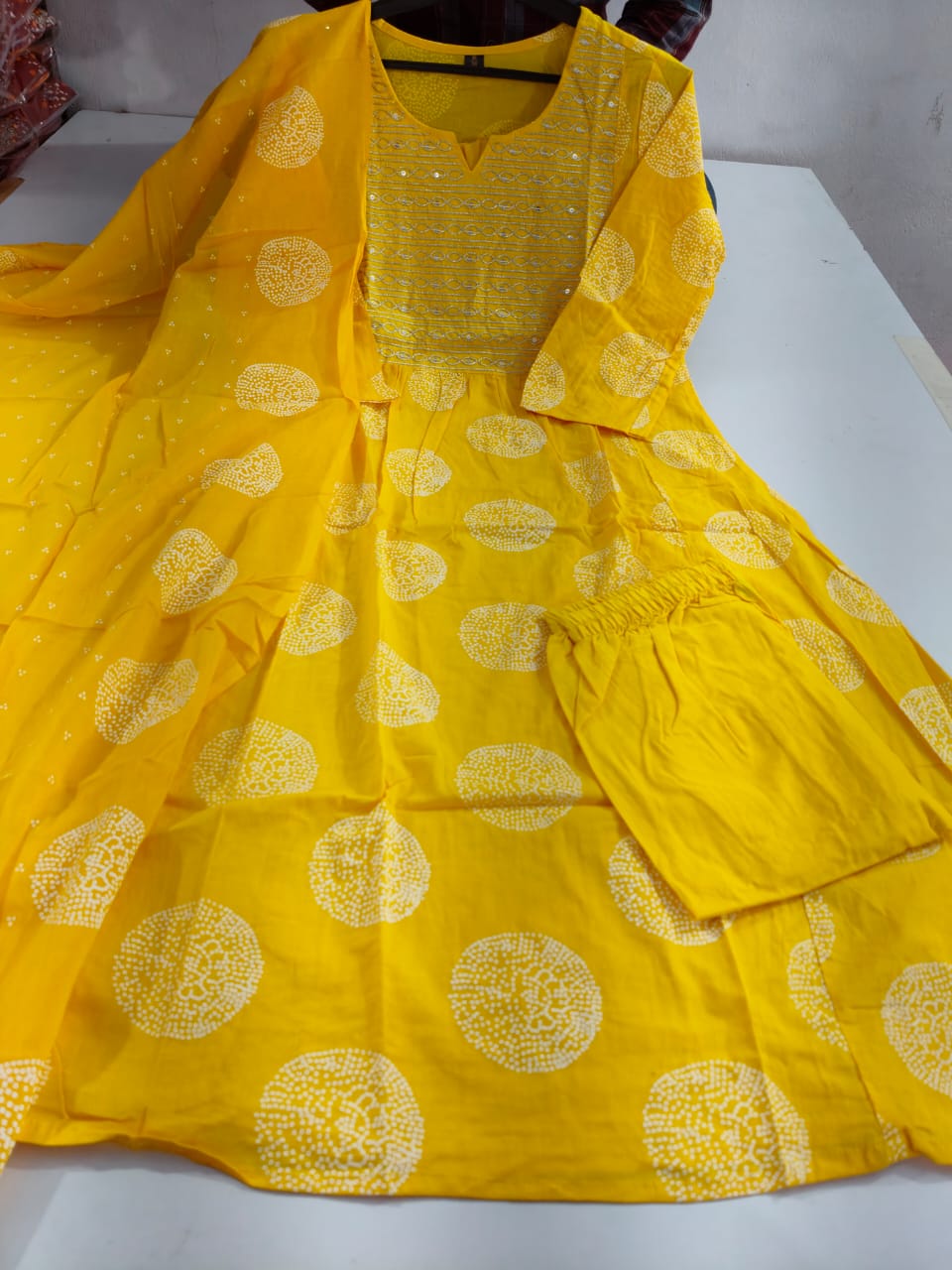 Hand Embroidered Mustard Cotton 3pc Kurta Set
