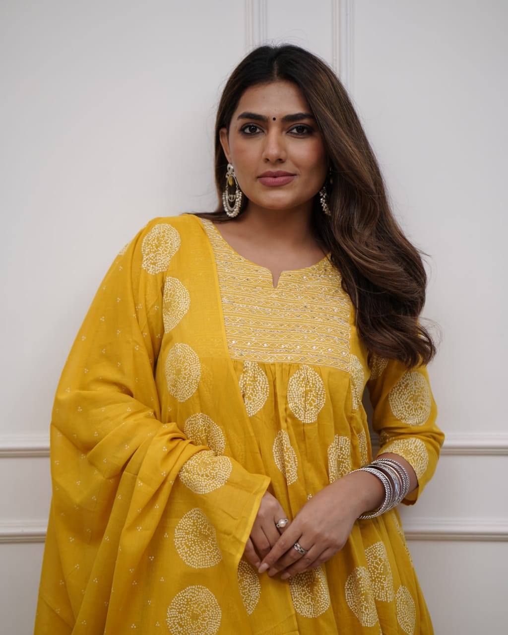 Hand Embroidered Mustard Cotton 3pc Kurta Set