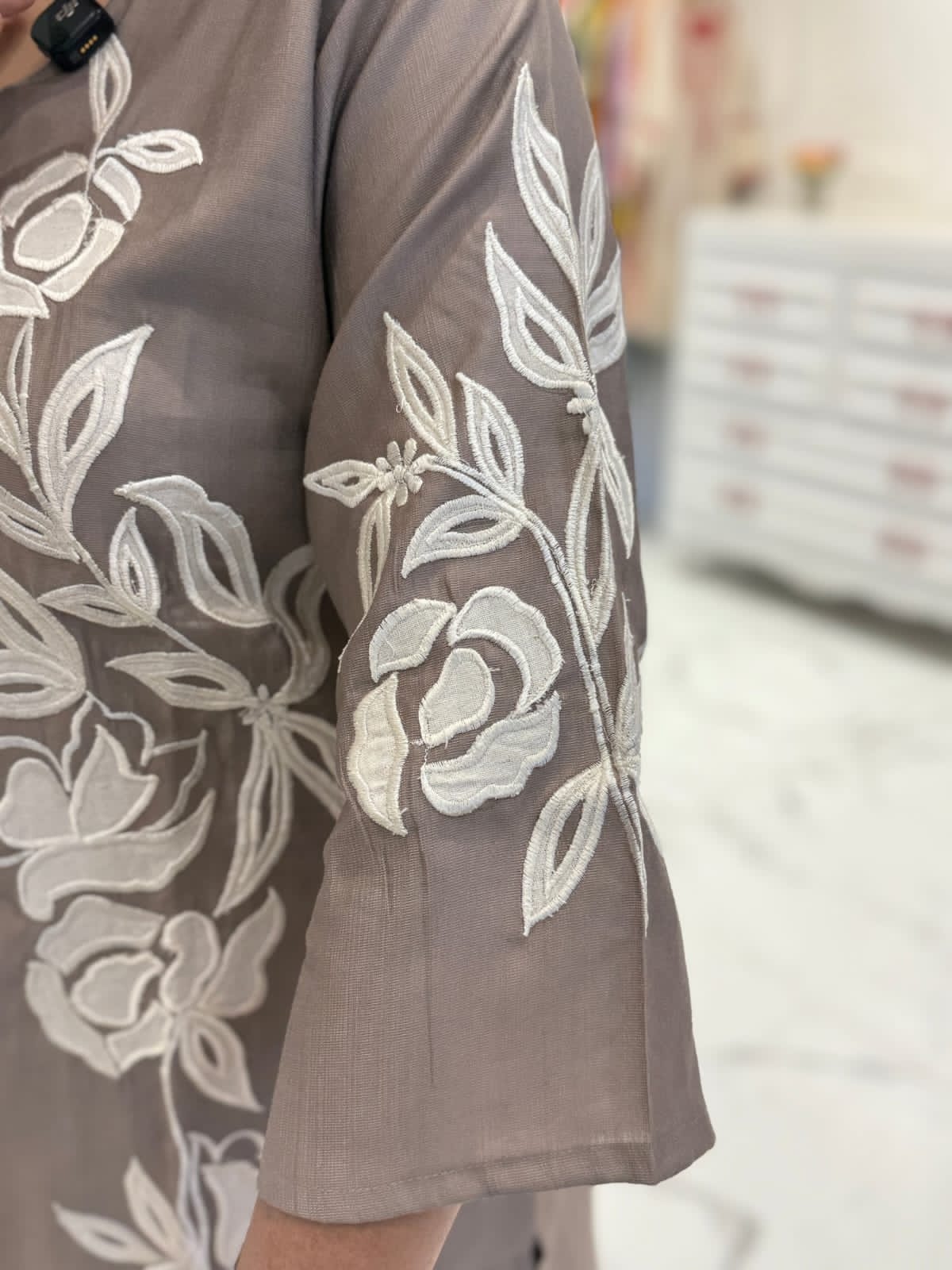 Beige Cotton Embroidered Co-Ord Set