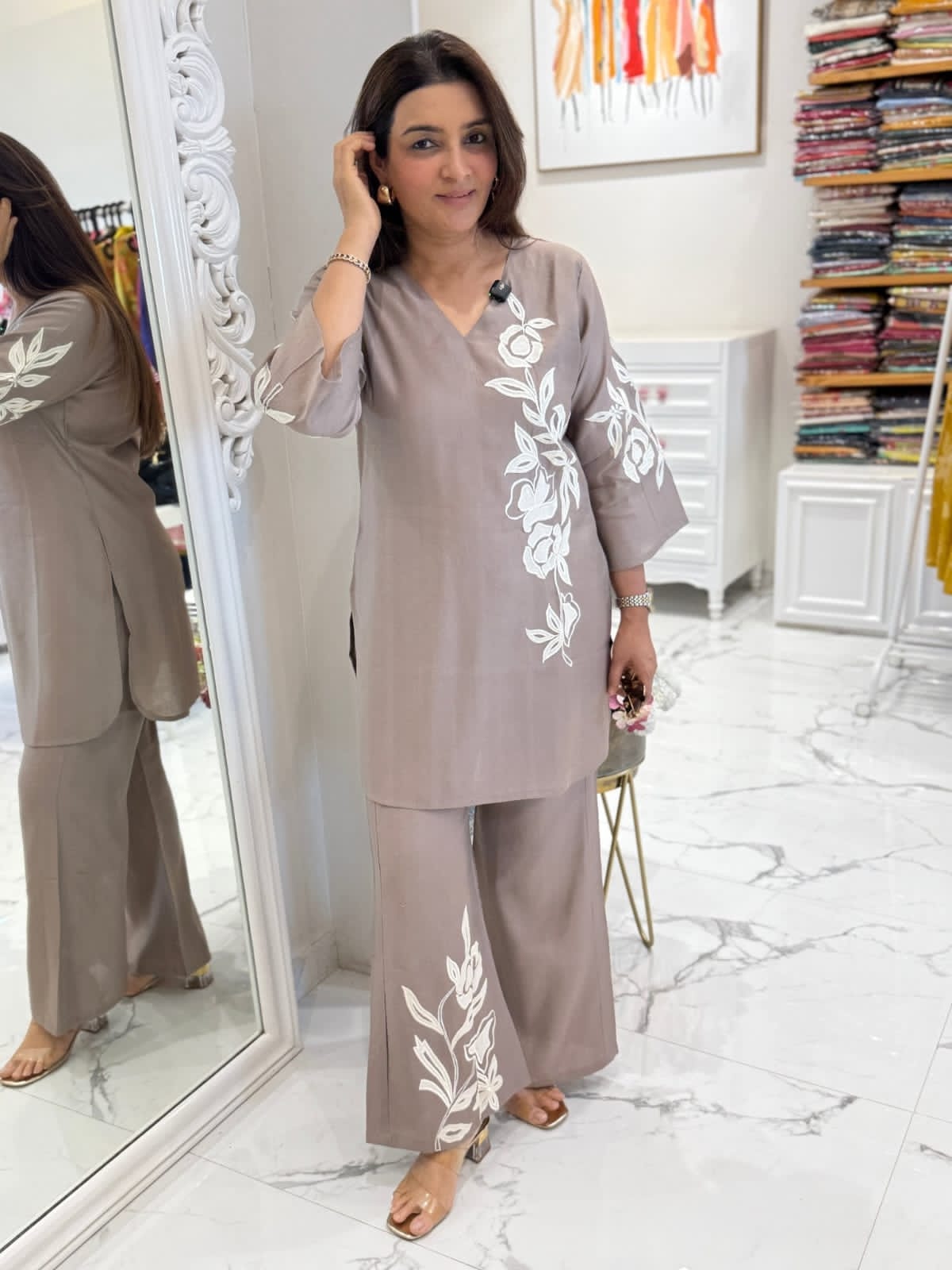 Beige Cotton Embroidered Co-Ord Set