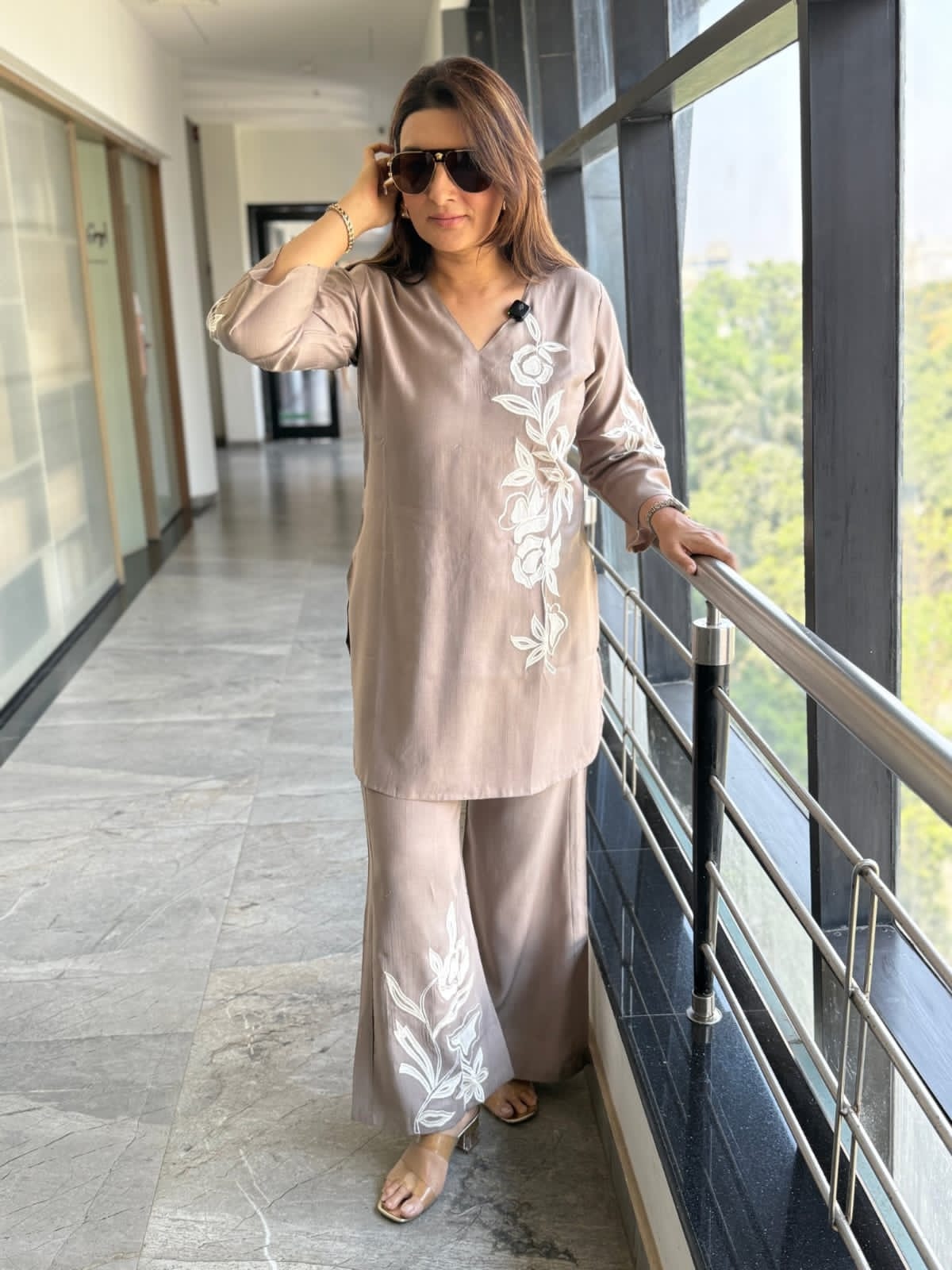 Beige Cotton Embroidered Co-Ord Set