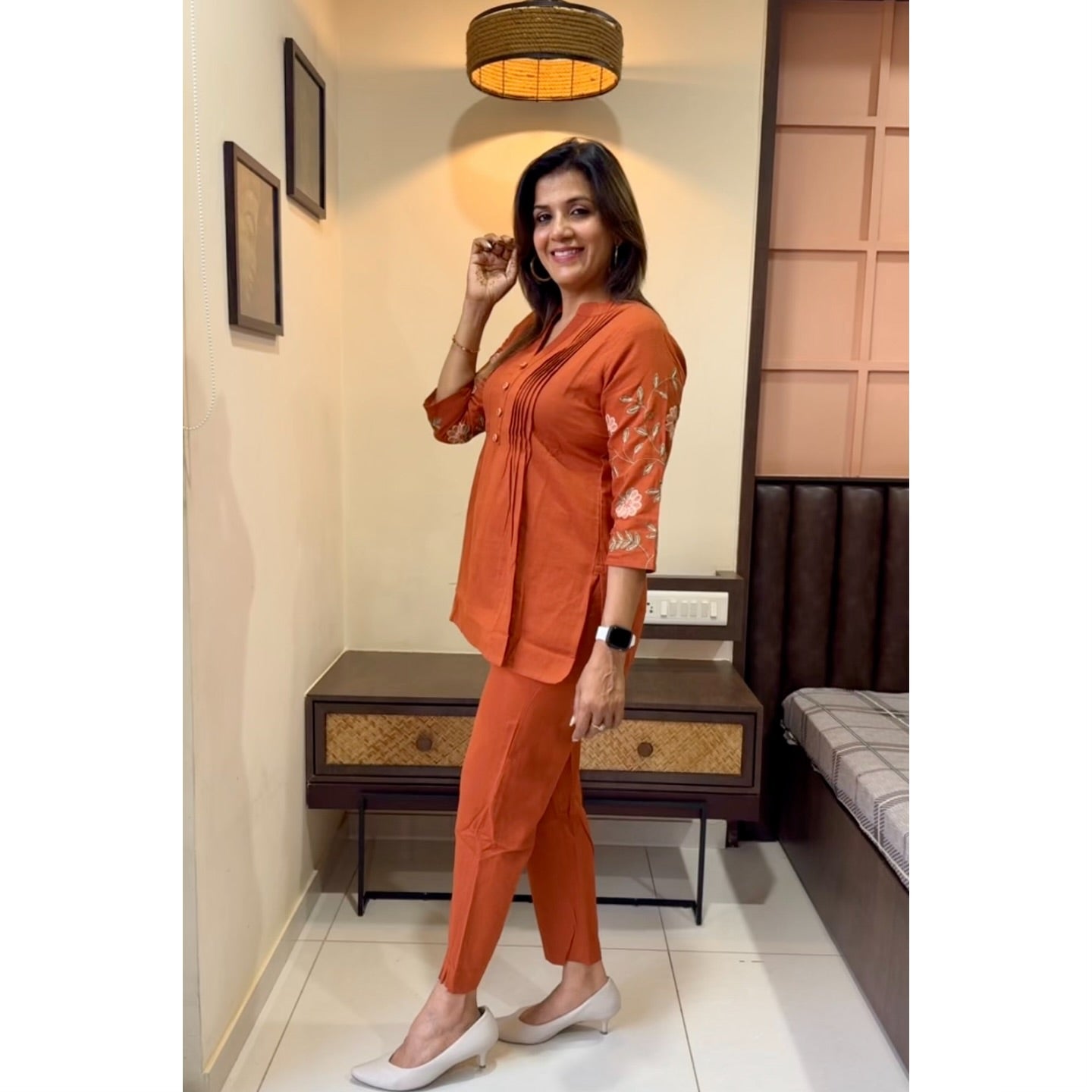 Floral Embroidered Orange Cotton Co-Ord Set