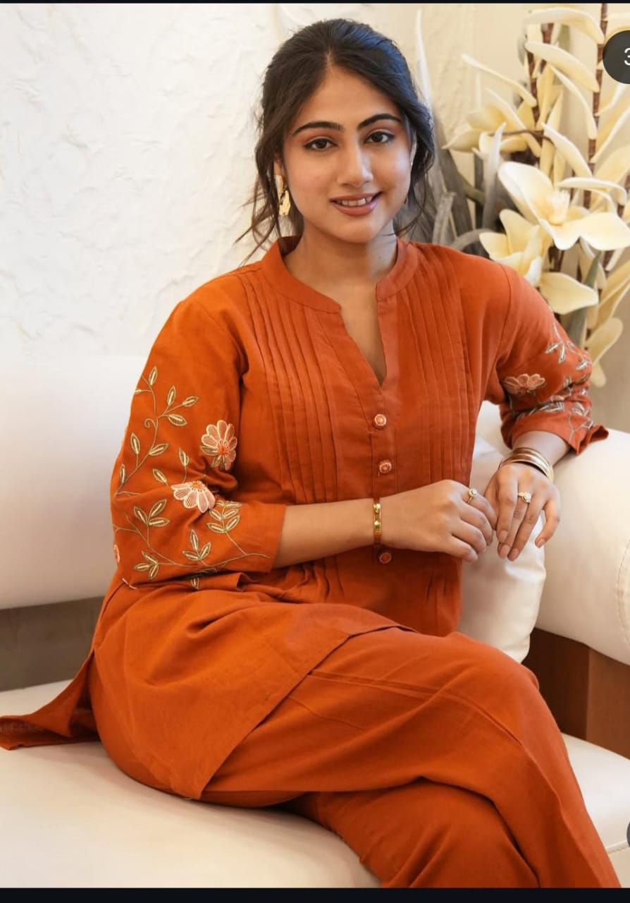 Floral Embroidered Orange Cotton Co-Ord Set