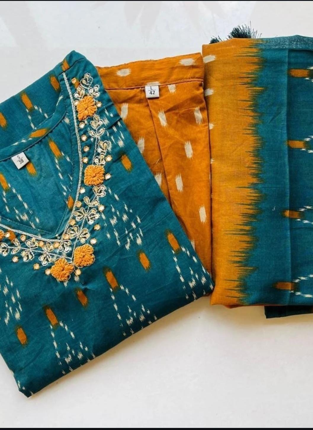 Green Ikat Cotton Kurta Set With Dupatta