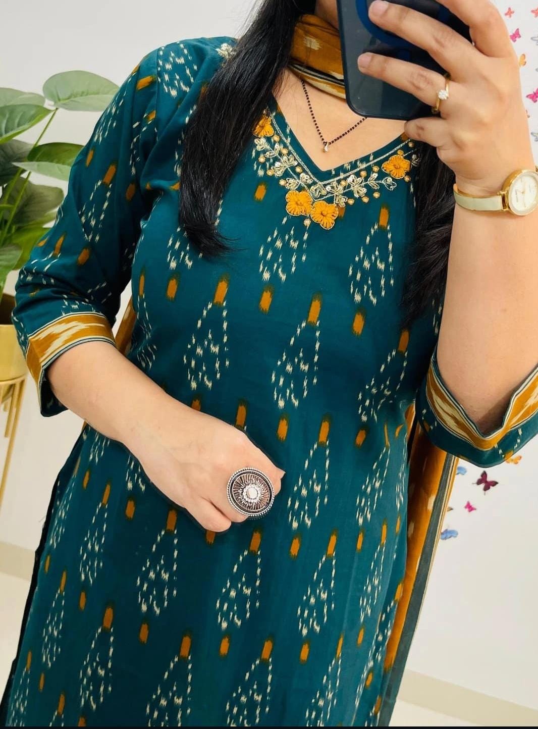 Green Ikat Cotton Kurta Set With Dupatta