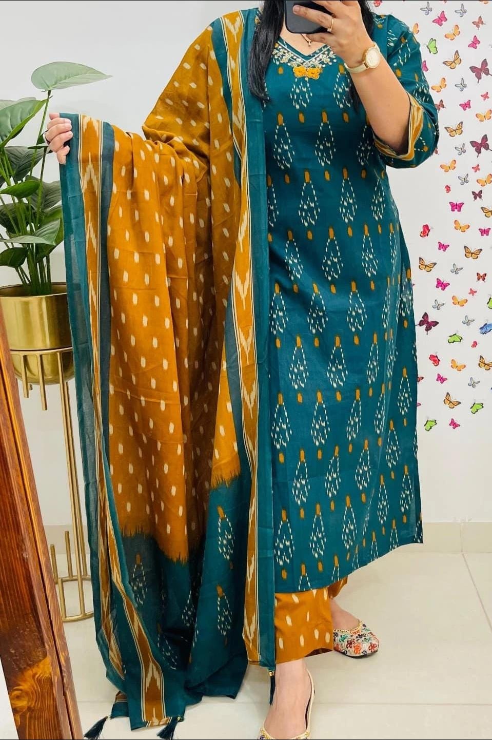 Green Ikat Cotton Kurta Set With Dupatta