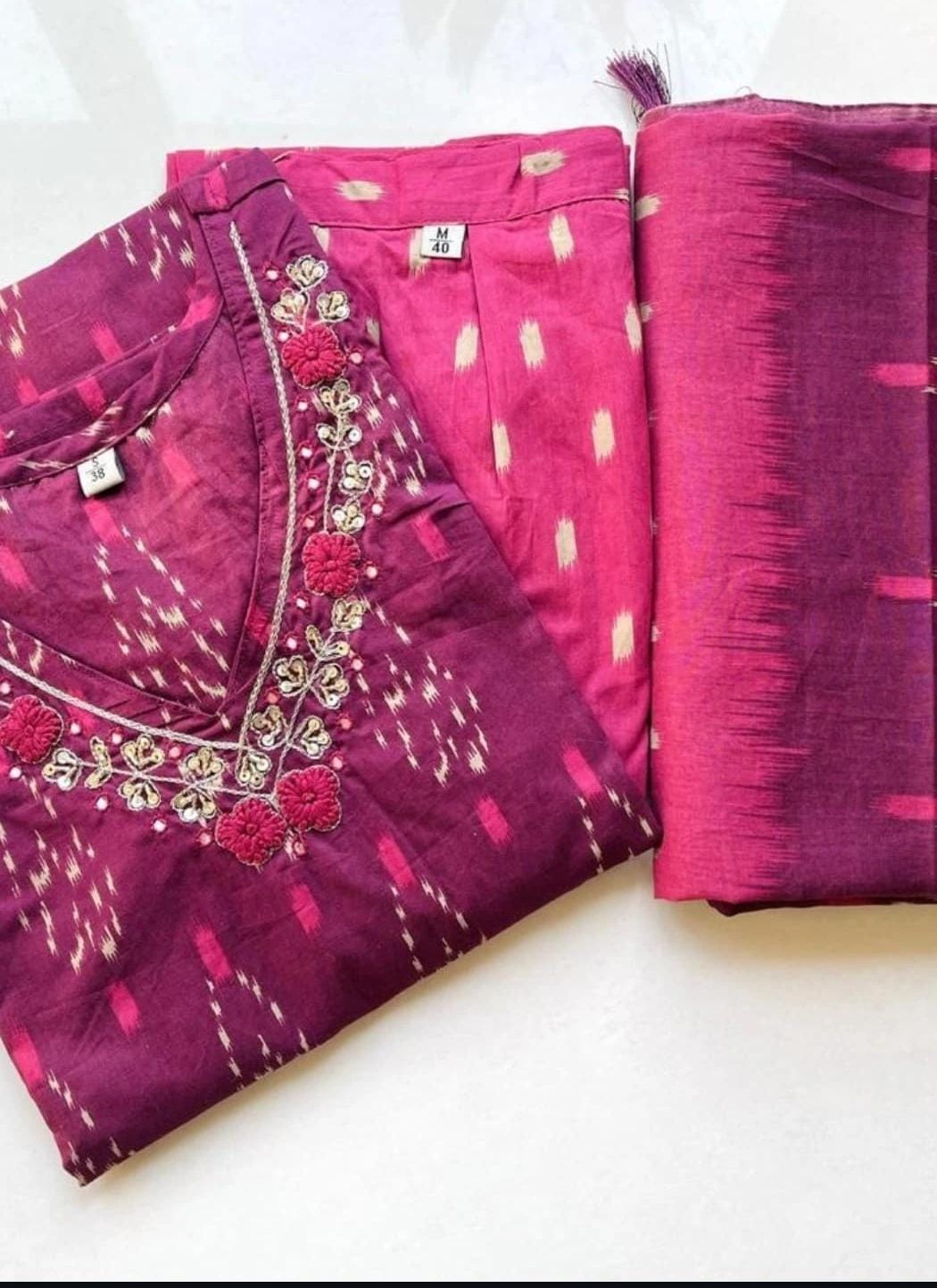 Purple Ikat Cotton Kurta Set With Dupatta