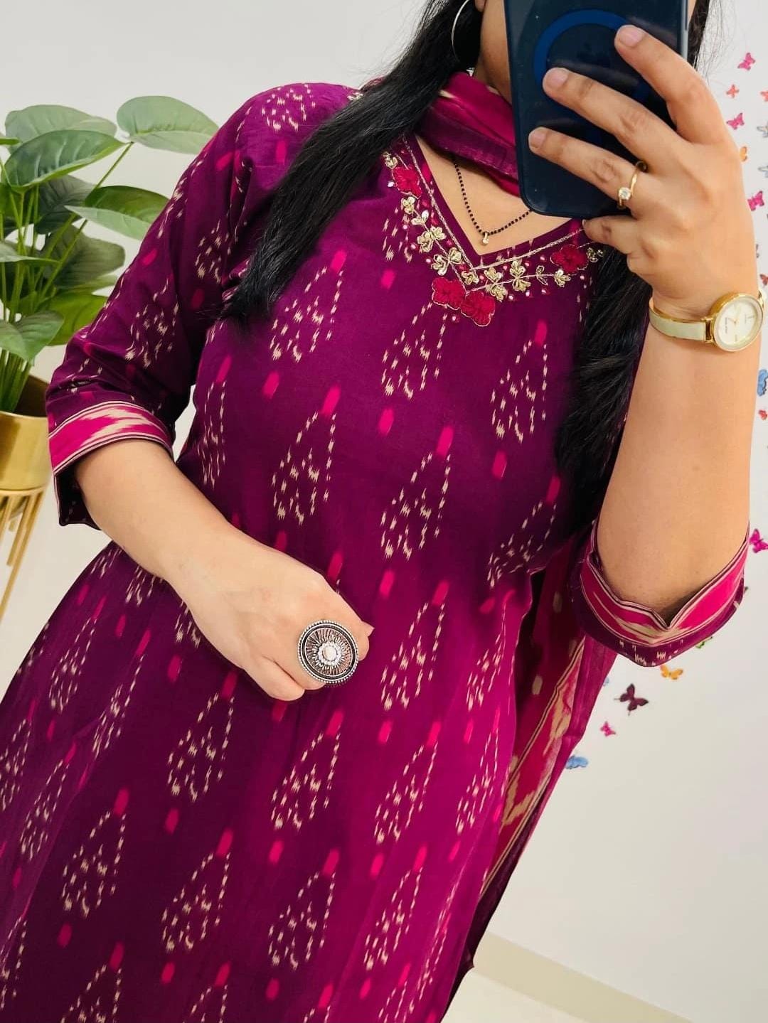 Purple Ikat Cotton Kurta Set With Dupatta