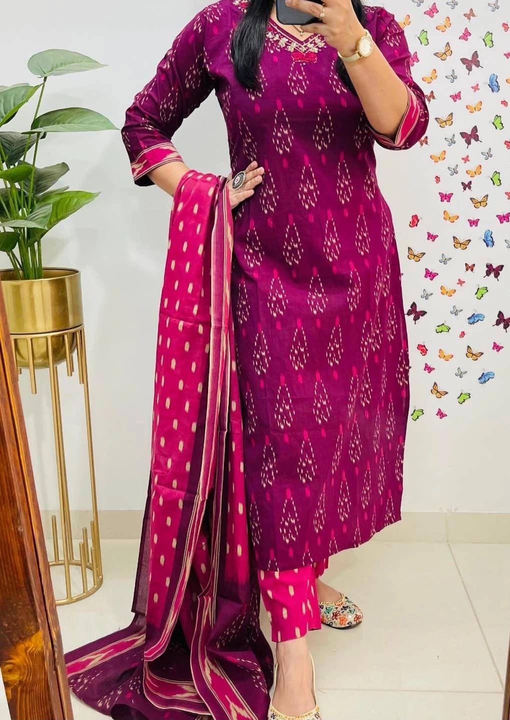 Purple Ikat Cotton Kurta Set With Dupatta