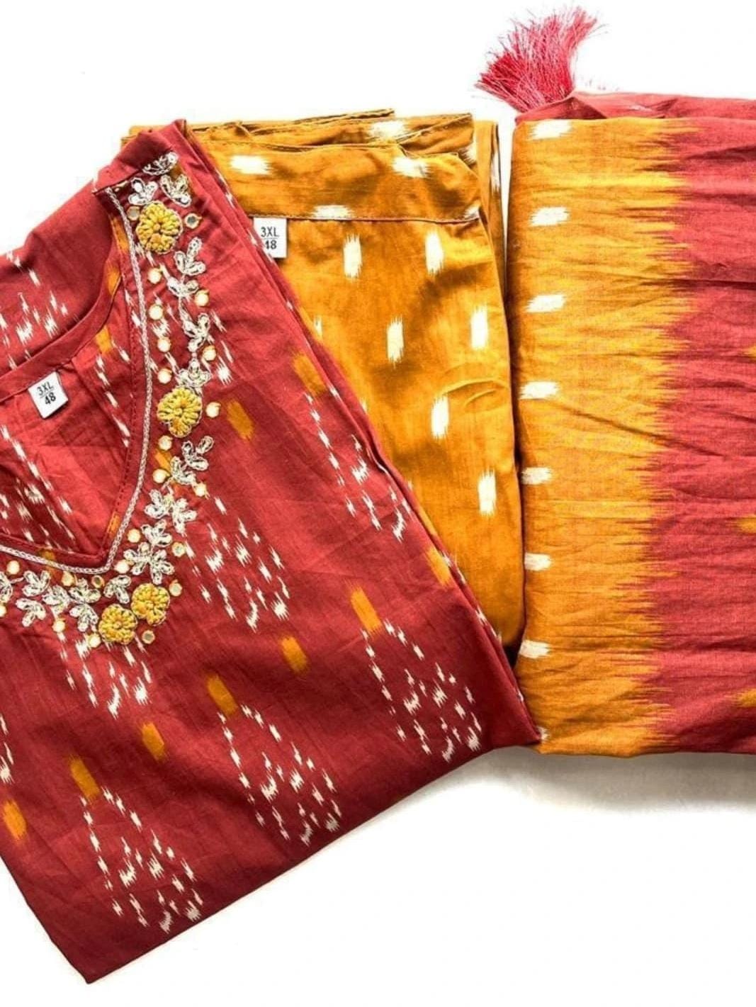 Red & Mustard Ikat Cotton Kurta Set With Dupatta