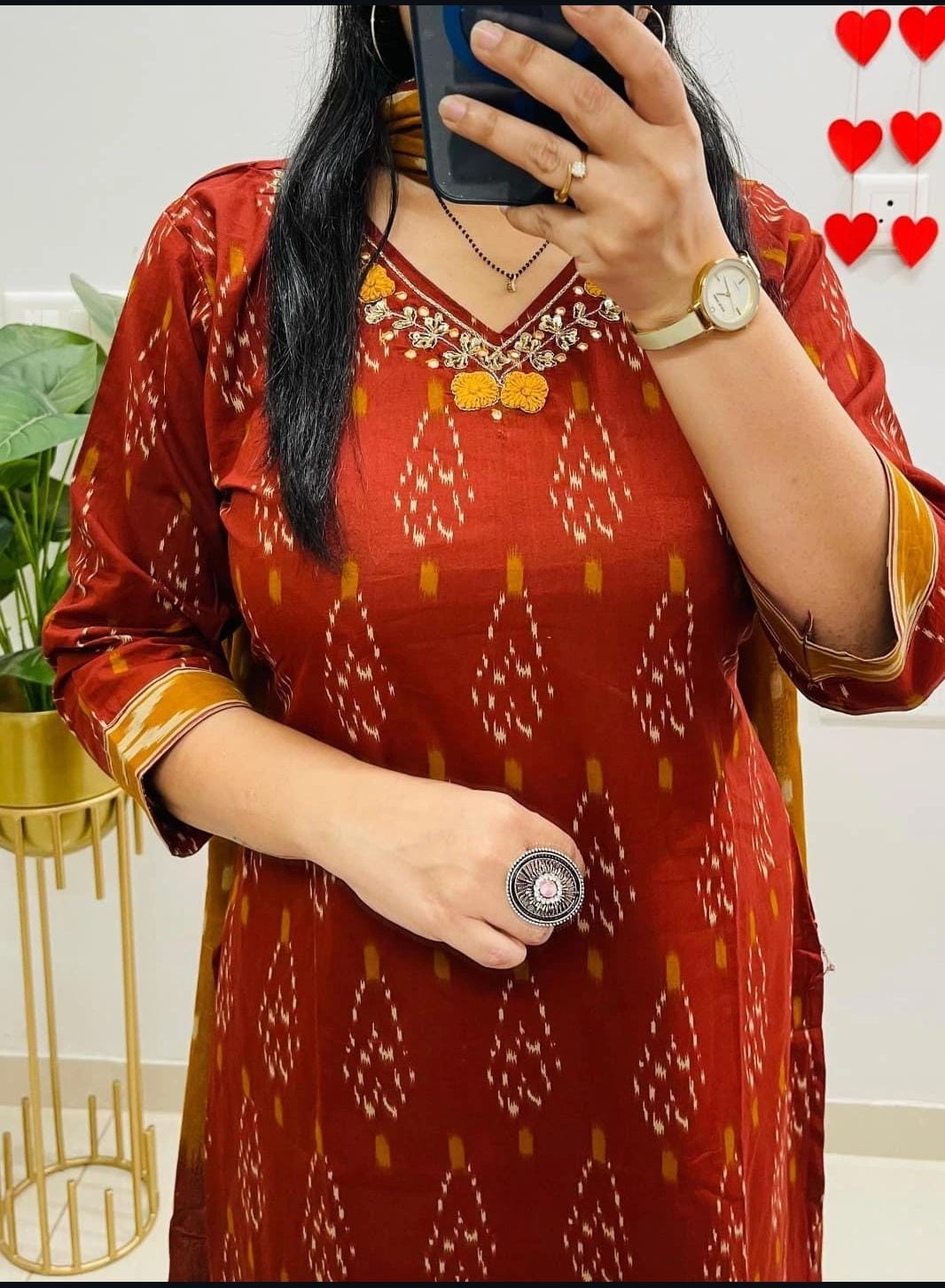 Red & Mustard Ikat Cotton Kurta Set With Dupatta