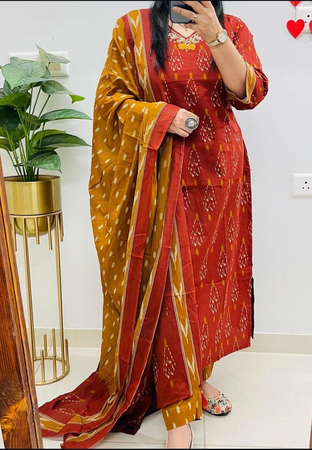 Red & Mustard Ikat Cotton Kurta Set With Dupatta