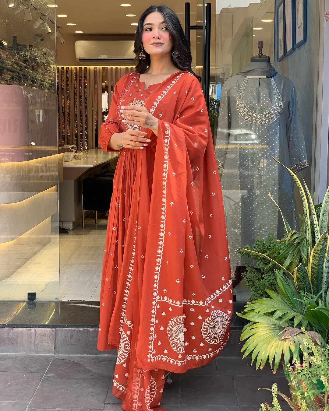 Rust Peacock Embroidered Anarkali Set