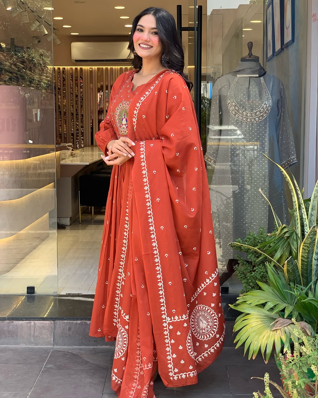 Rust Peacock Embroidered Anarkali Set