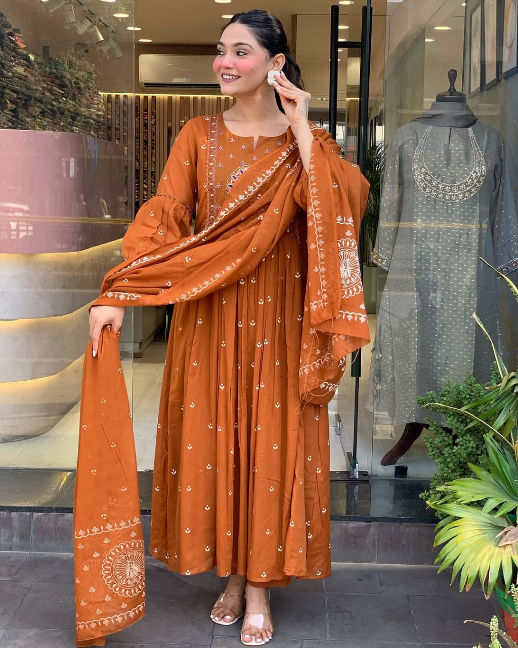 Rust Orange Peacock Embroidered Anarkali Set