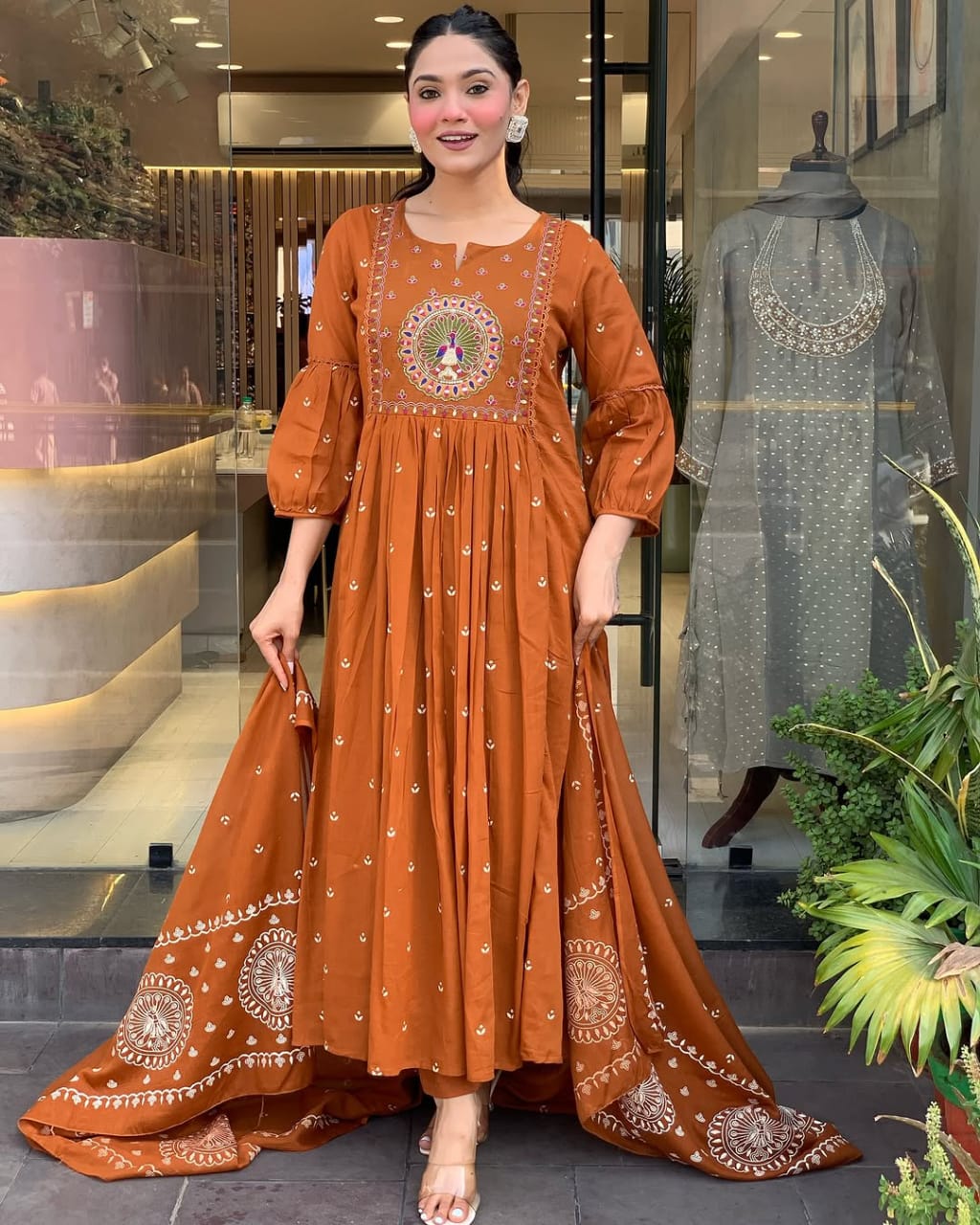 Rust Orange Peacock Embroidered Anarkali Set