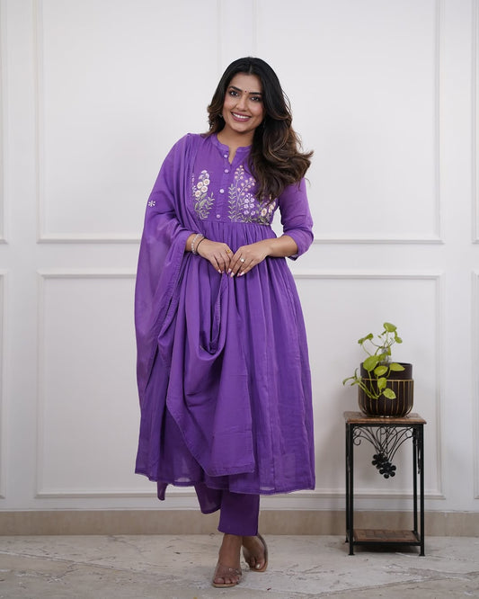 Graceful Purple Embroidery Anarkali 3pc Suit
