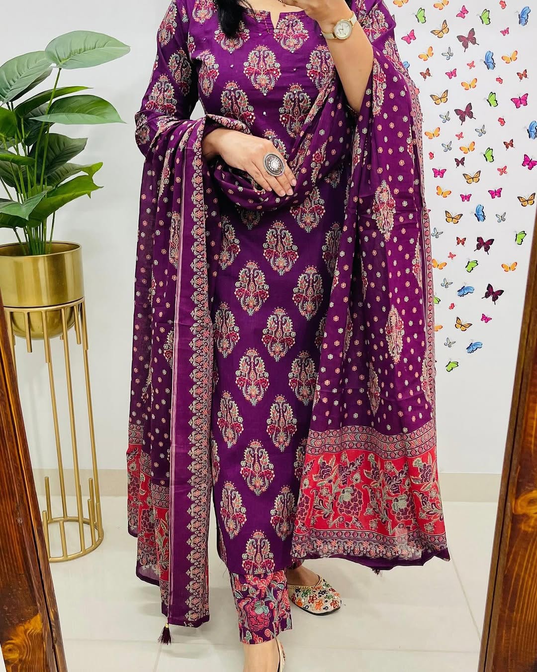 Women Cotton Embroidered Wine Straight kurta 3pc