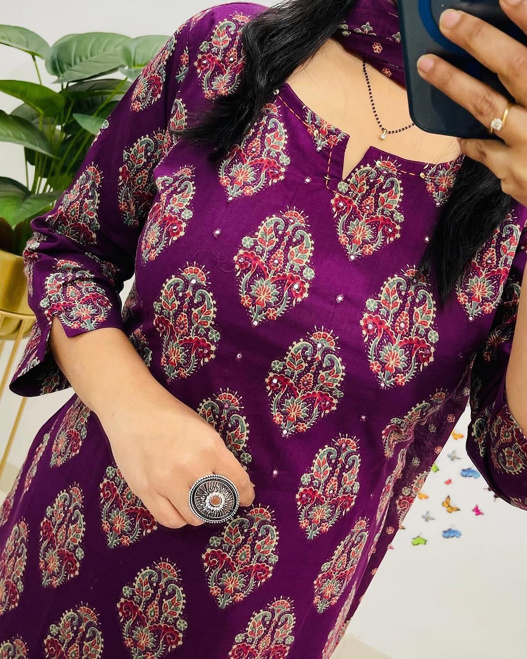 Women Cotton Embroidered Wine Straight kurta 3pc