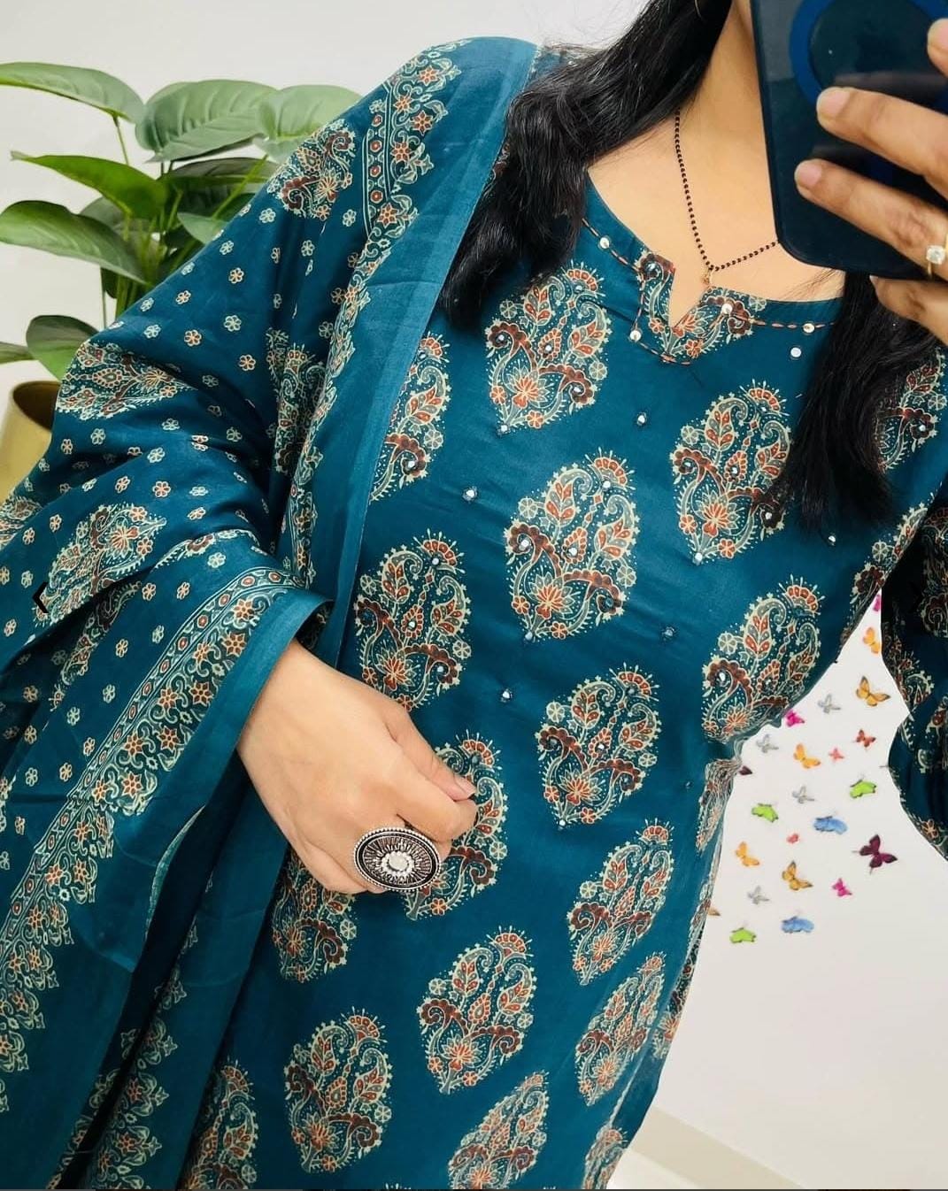 Women Cotton Embroidered Blue Straight kurta 3pc set