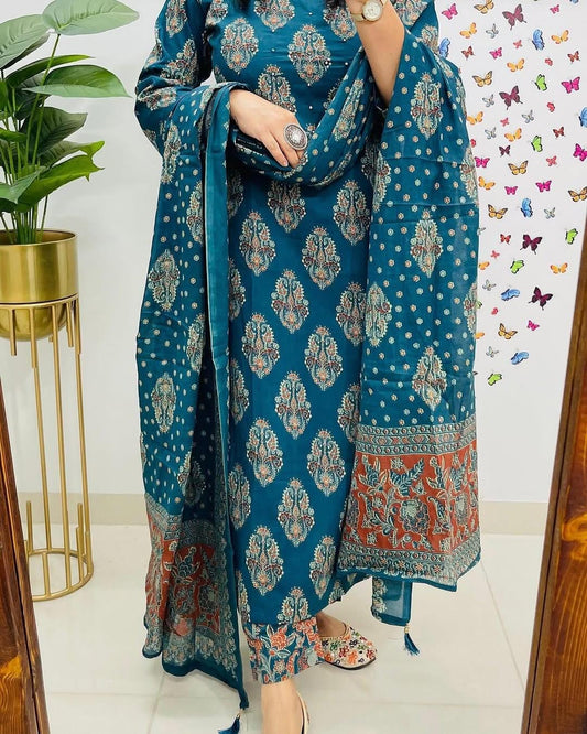 Women Cotton Embroidered Blue Straight kurta 3pc set
