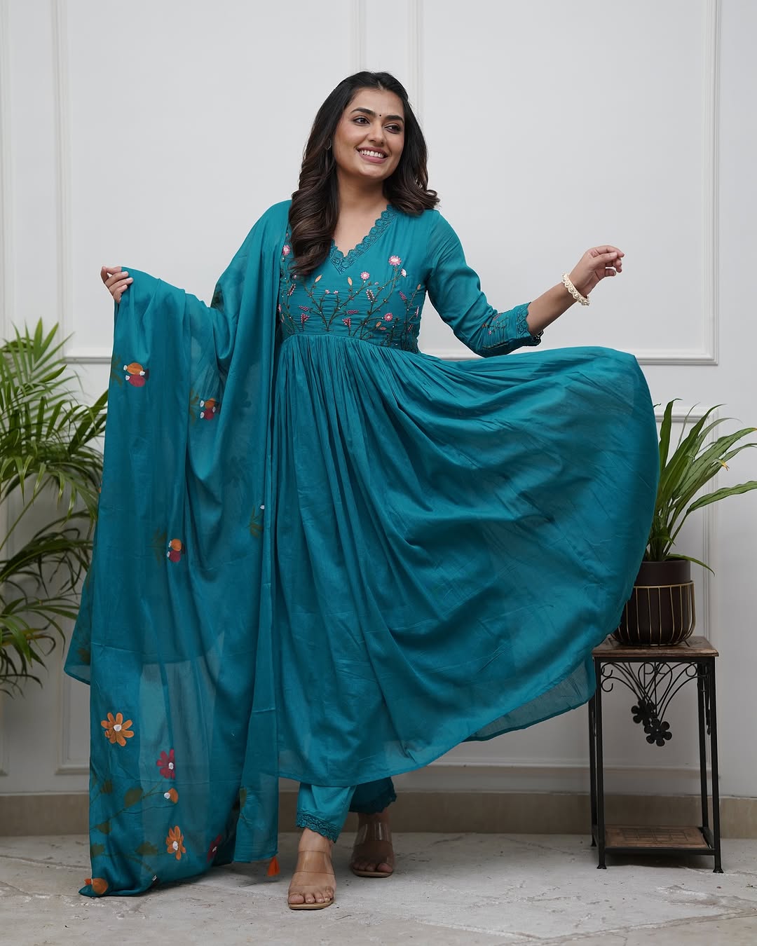 Turquoise Embroidered Anarkali Set