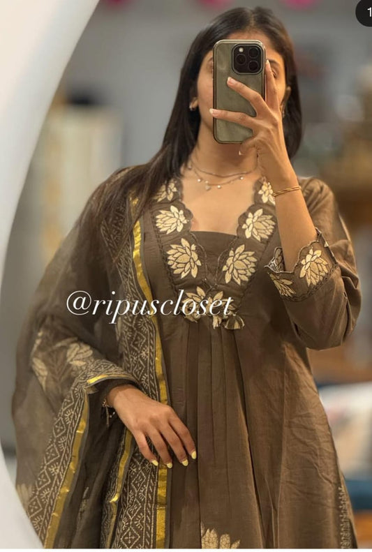 Brown Elegant Floral Embroidered Kurta Set with Dupatta