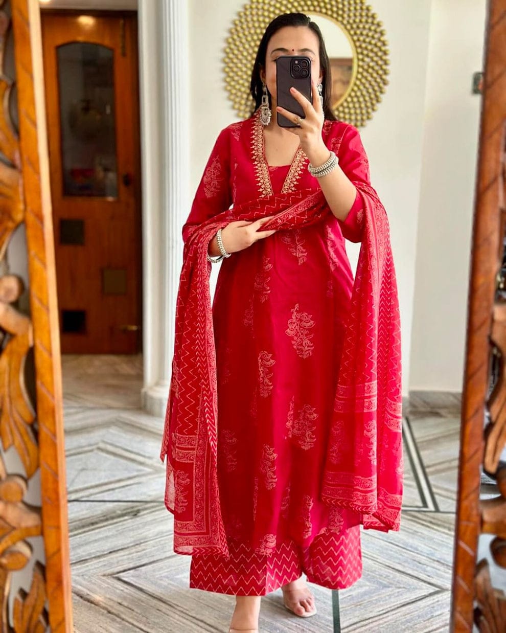 Women’s Red Cotton Printed Kurta Set with Matching Dupatta