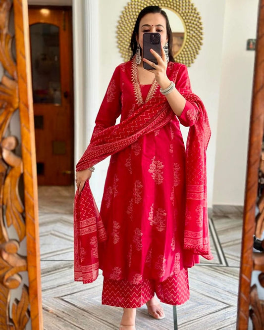 Women’s Red Cotton Printed Kurta Set with Matching Dupatta