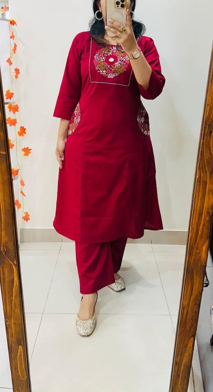 Women’s Maroon Cotton Embroidered Straight Kurta Pant Set