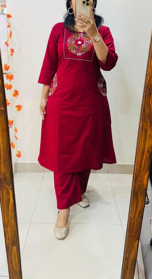 Women’s Maroon Cotton Embroidered Straight Kurta Pant Set