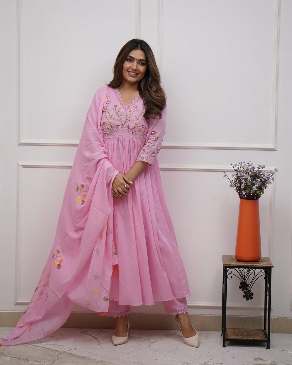 Baby Pink Floral Embroidered Cotton Anarkali set