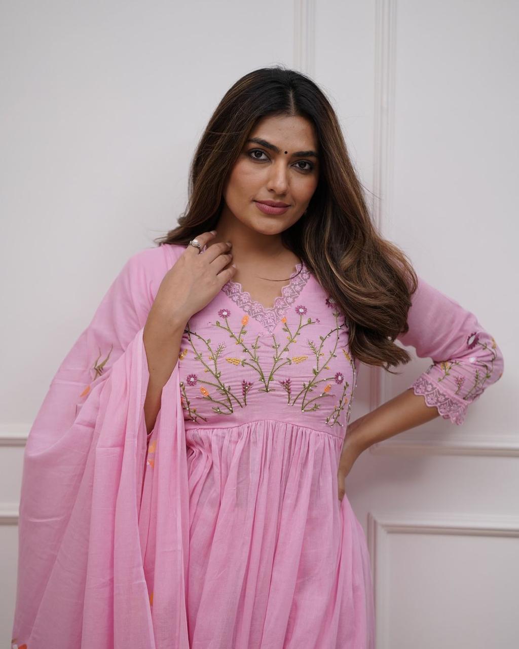 Baby Pink Floral Embroidered Cotton Anarkali set